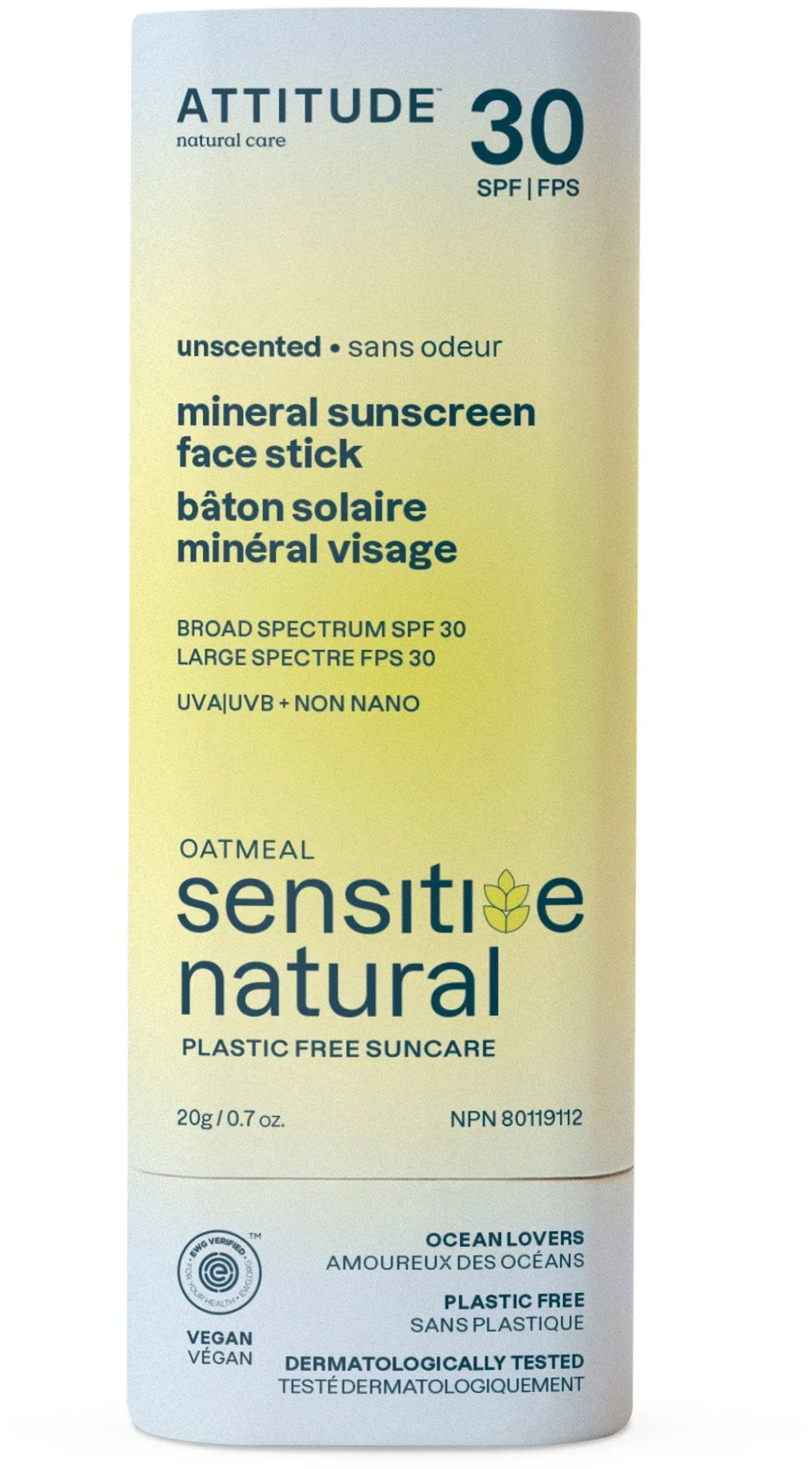 ATTITUDE Oatmeal Sensitive Sunscreen Face Stick SPF 30, 20 g