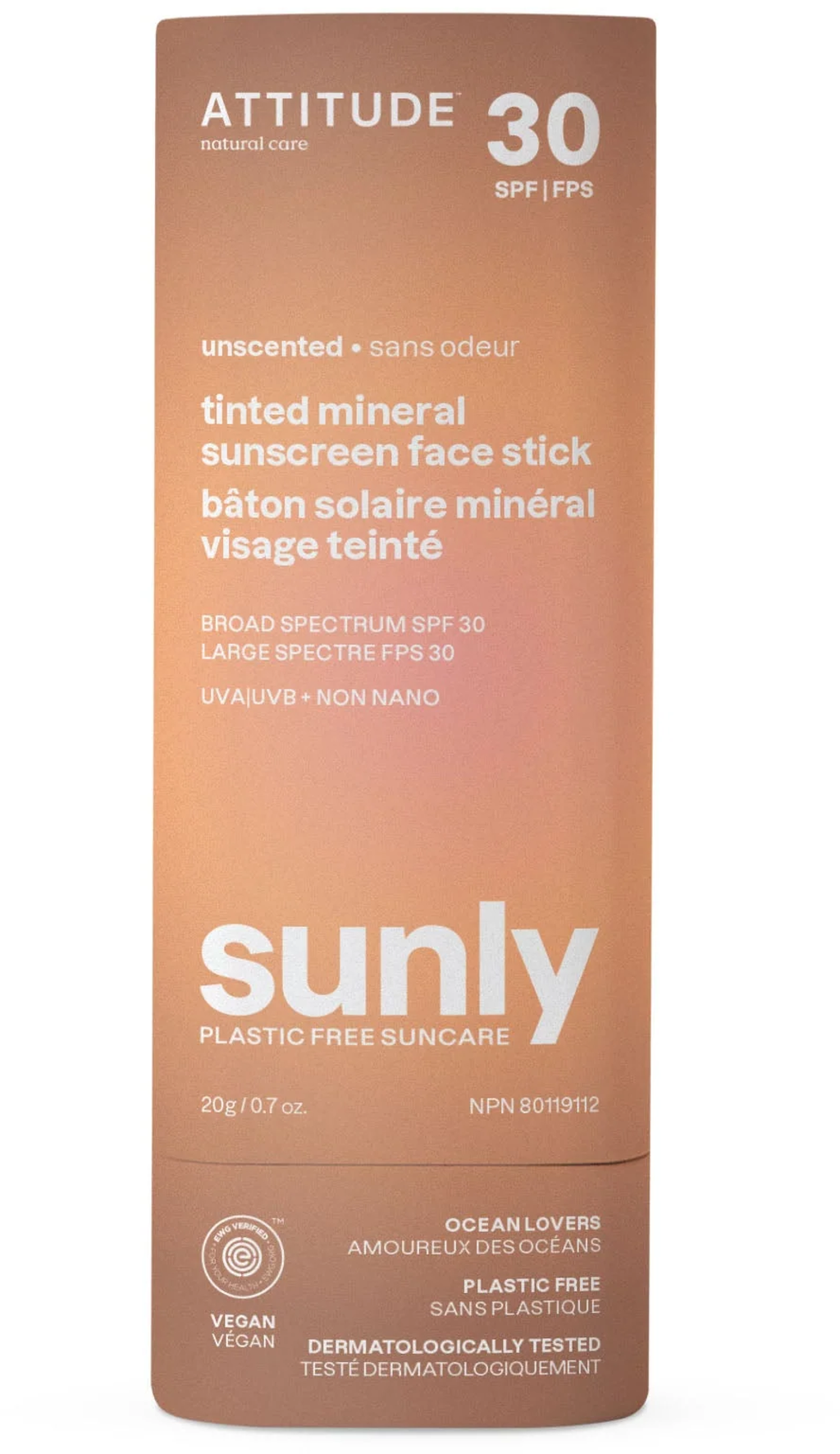 ATTITUDE Sunly Tinted Sunscreen Face Stick SPF 30, 20 g