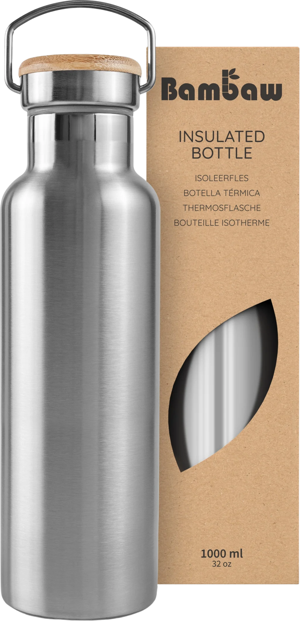 Bambaw Thermosflasche aus Edelstahl 1000 ml, Natural Steel