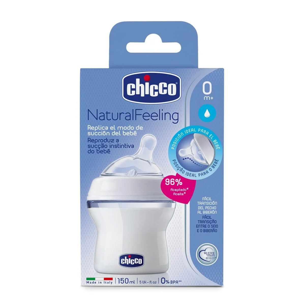 CHICCO Natural Feeling Babyflasche, abgeschrägter Sauger, normaler Durchfluss, 150 ml