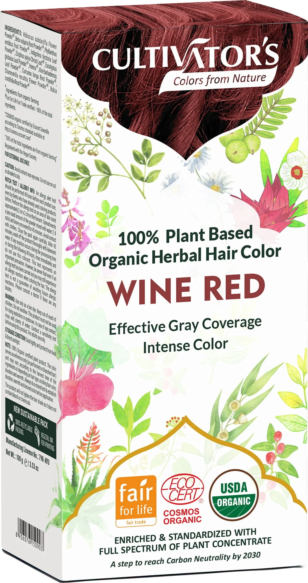 CULTIVATOR'S Organic Herbal Hair Color Wine Red, 100 g