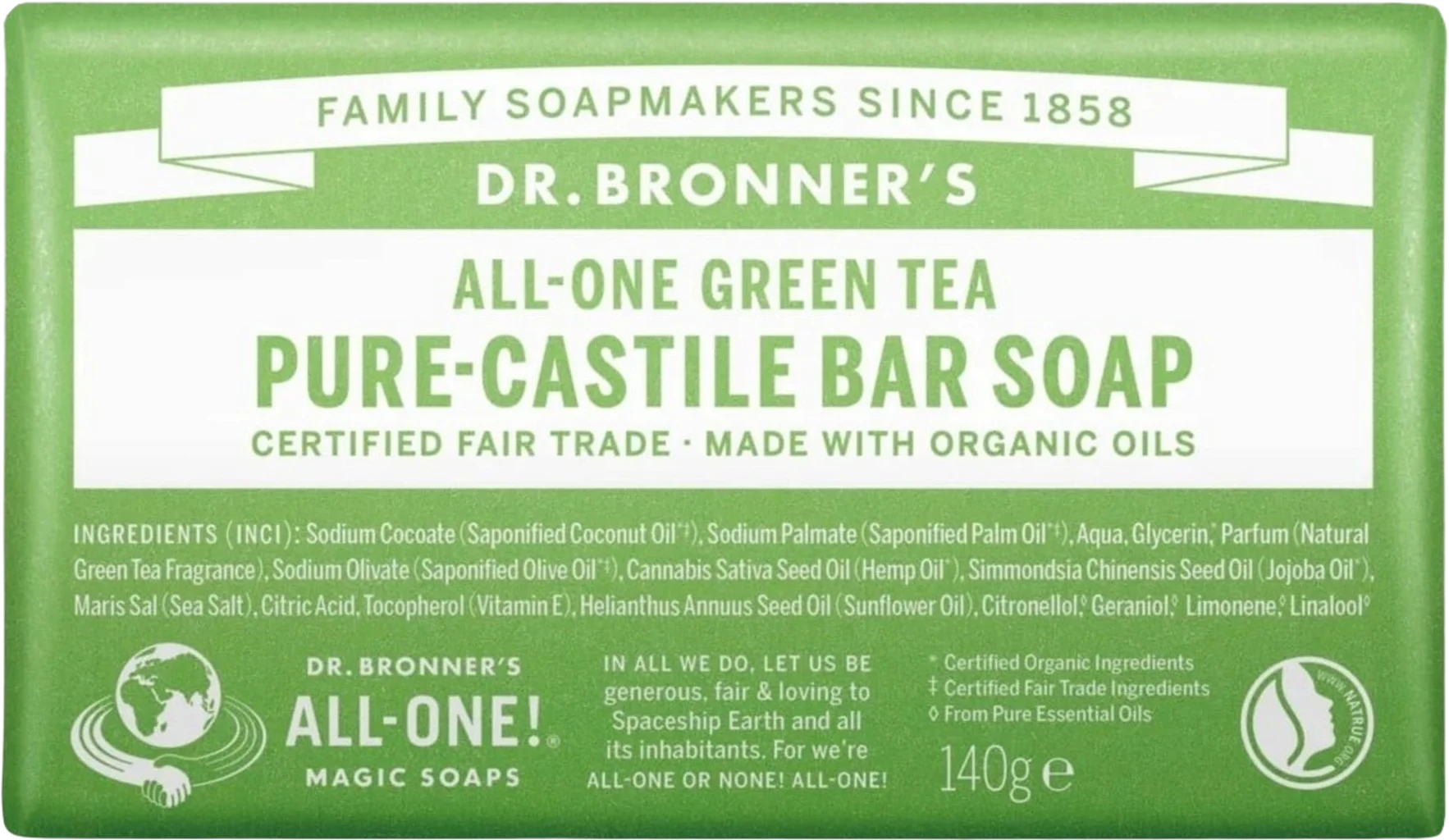 Dr. Bronner's Bar Soap Green Tea, 140 g