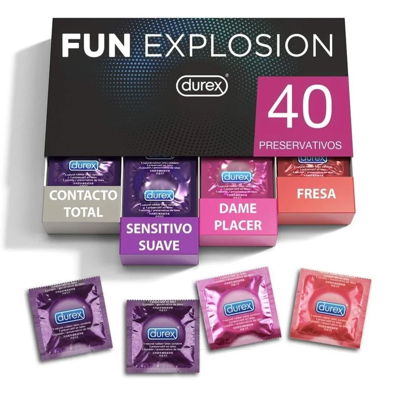 Durex Fun Explosion Mixed Kondome Erdbeergeschmack, Gib mir Vergnügen, Soft Sensitive und Total Contact 40 Einheiten