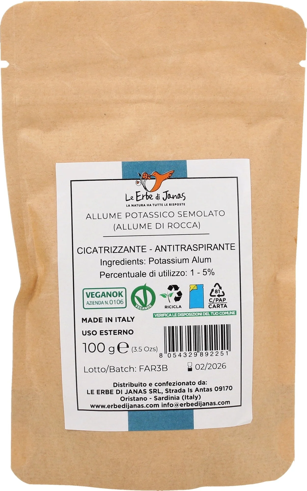 Le Erbe di Janas Alaun Pulver (Potassium Alum), 100 g