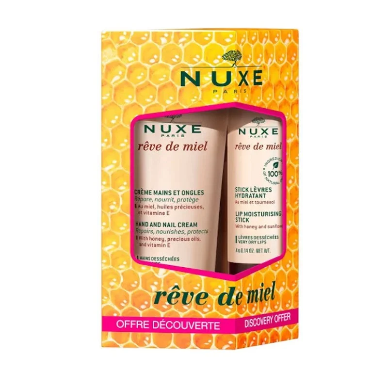 Nuxe reparierende Hand- und Nagelcreme 30 ml + Rêve de Miel feuchtigkeitsspendender Lippenstift