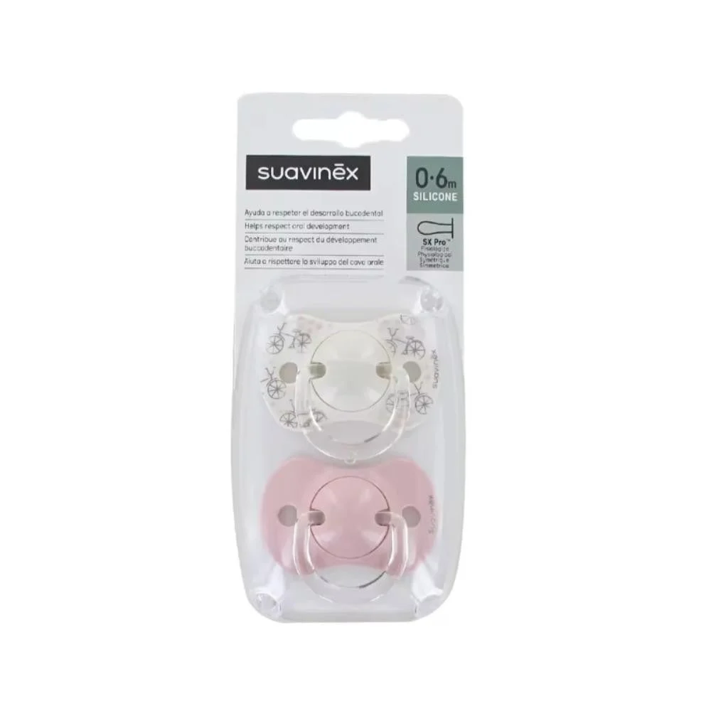 SUAVINEX Chupete SX Pro Tetina Fisiológica Silicona 0-6 Meses 2 Unidades Bicis Rosa