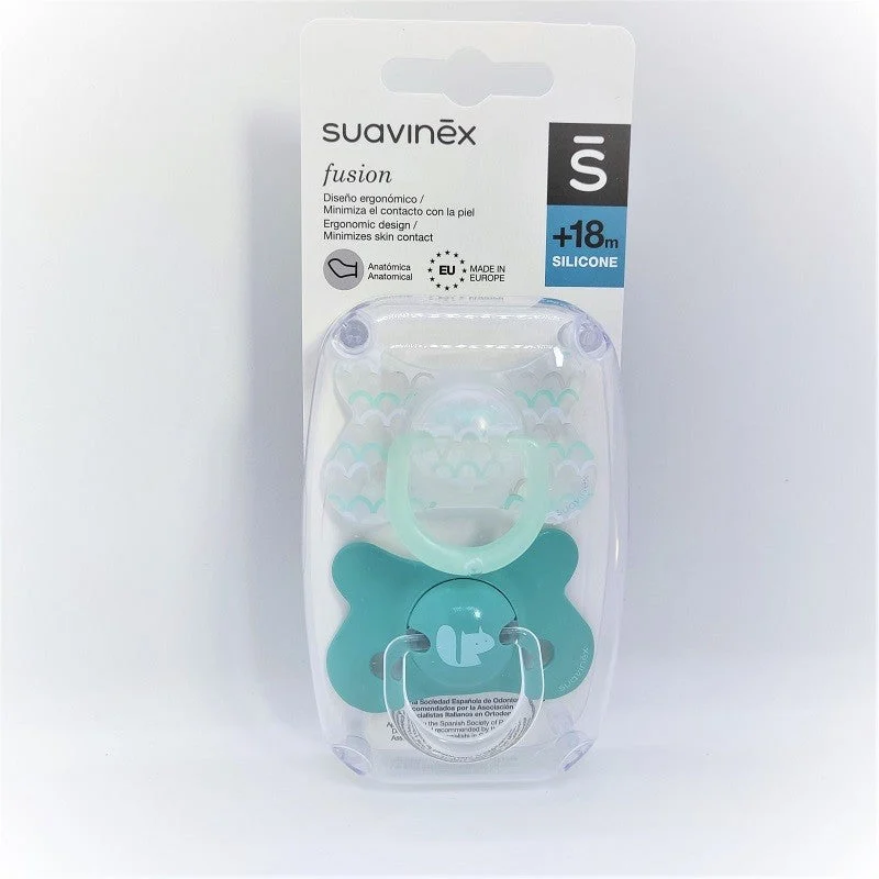 SUAVINEX Fusion Schnuller Anatomischer Silikonsauger +18M 2 Einheiten (Grüne Wellen und Eichhörnchen)
